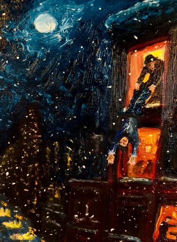 Detail of While the City Burns by Ty Cole, showing a moonlit blue sky and warm orange windows.