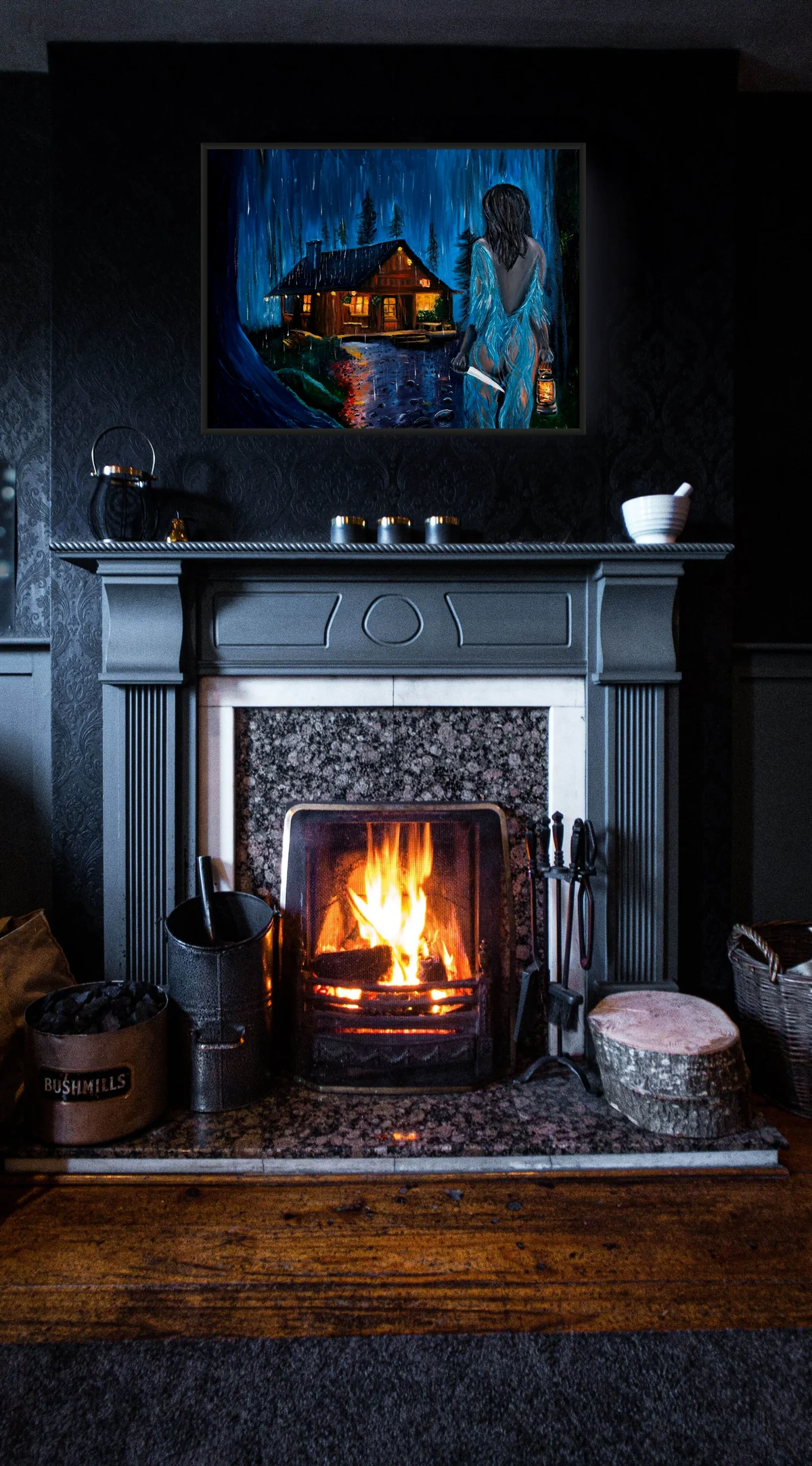 Concept Study showing Cozy Cabin by Ty Cole above a dark fireplace, with warm firelight below the painting.