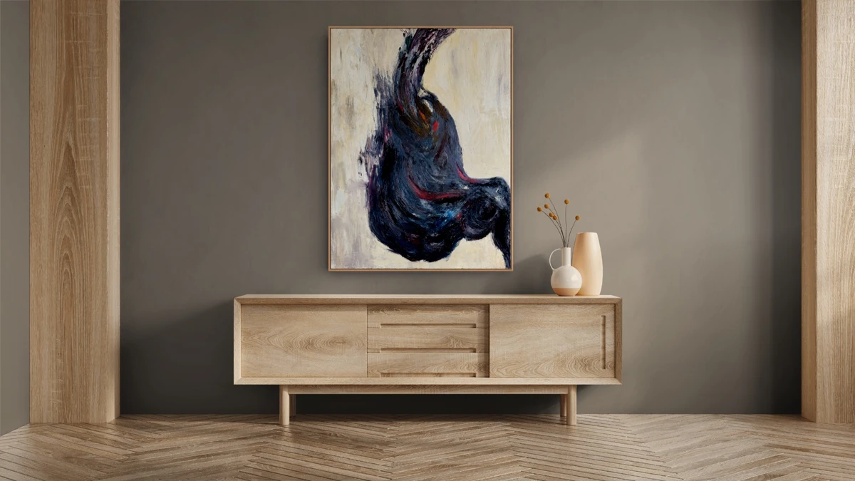 Concept Study showing Lost and Found by Ty Cole, a dark abstract painting proposed above a pale wood console in a restrained interior.