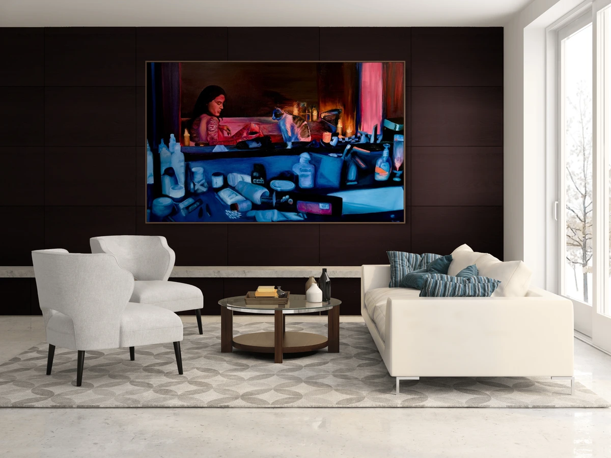 Concept Study showing Stay Still by Ty Cole on a dark wall above pale seating. This is an artwork-in-space visualization.