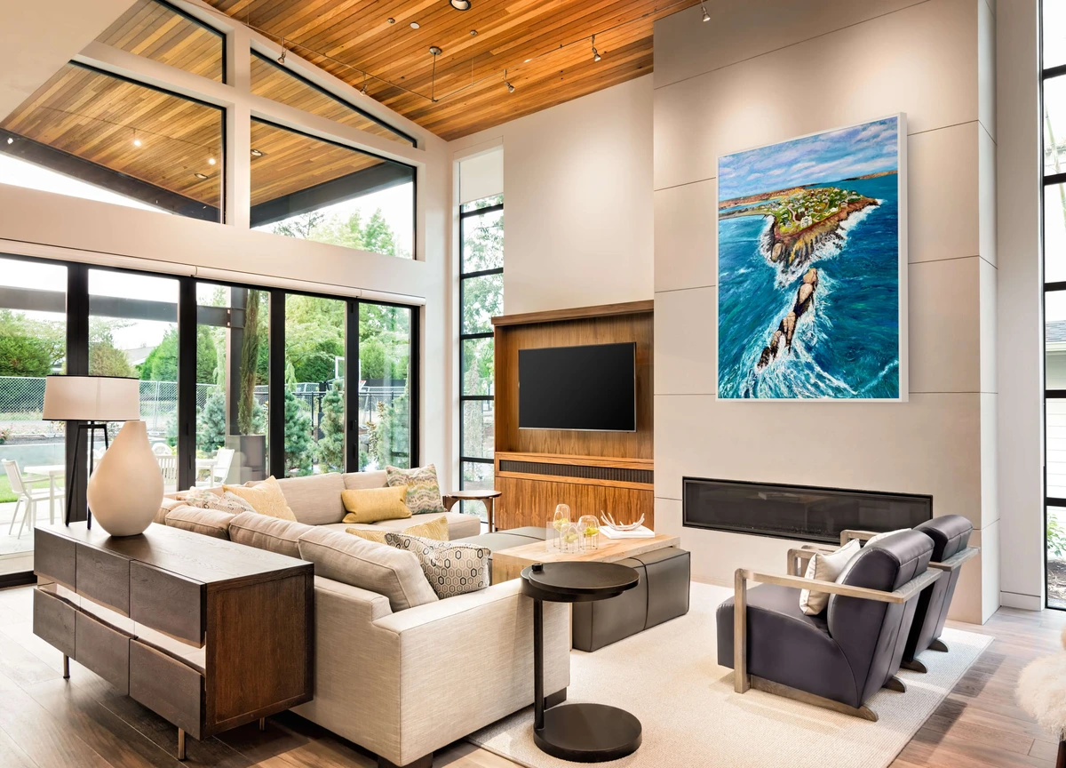 Concept Study showing Summers I'll Never Forget by Ty Cole in a bright timber-and-stone living room.