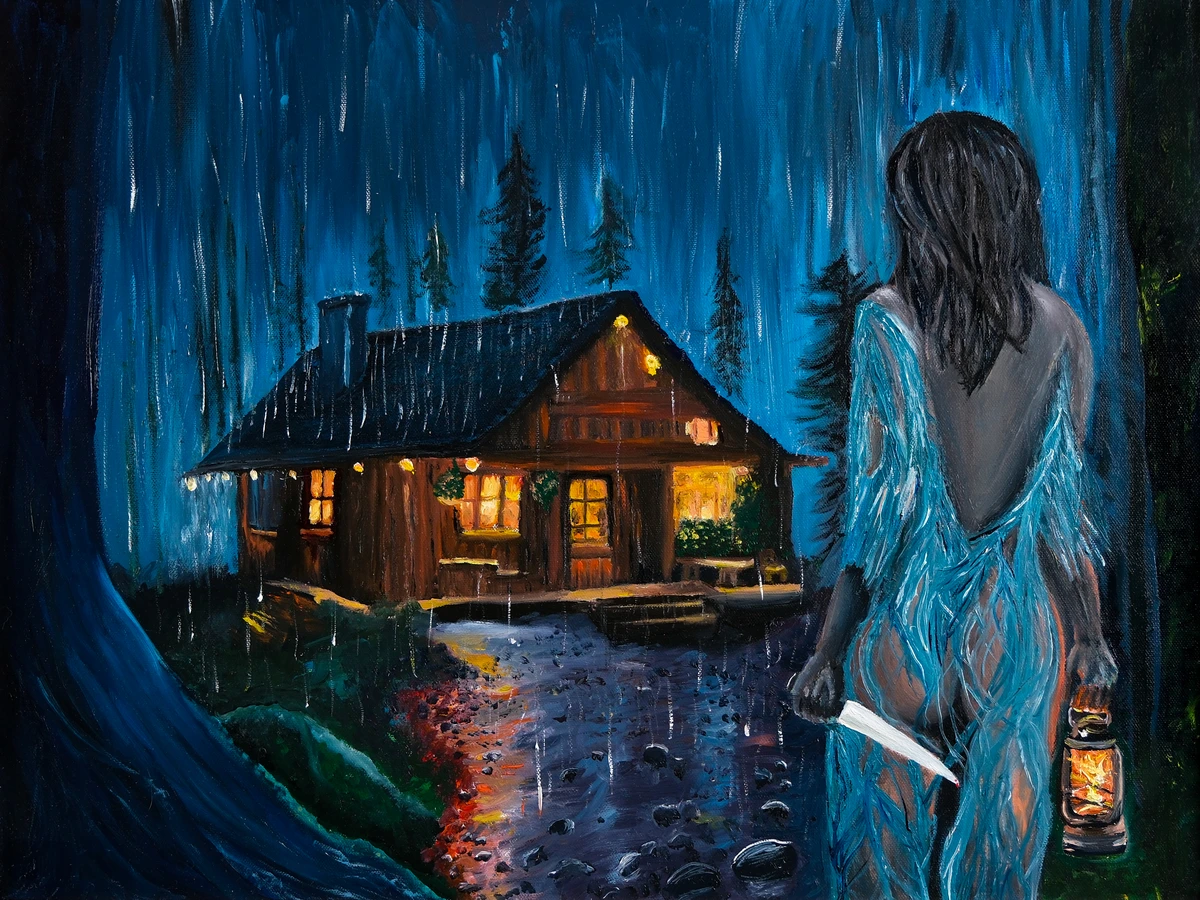 Cozy Cabin, an oil painting by Ty Cole with a glowing woodland cabin, a woman, and a lantern in a rainy blue landscape.