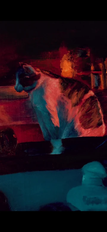 Detail of Stay Still by Ty Cole, showing a cat reflected in the mirror above a blue-lit counter.
