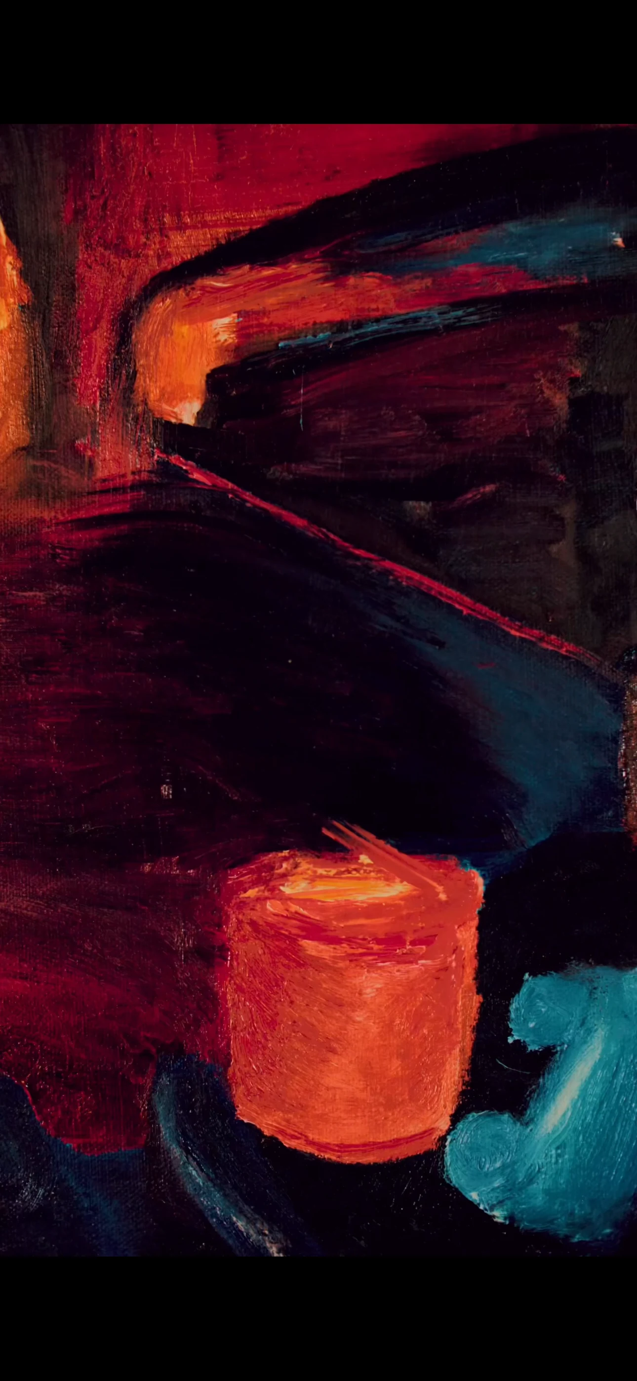 Detail of Stay Still by Ty Cole, showing layered red and blue paint around objects on the counter.
