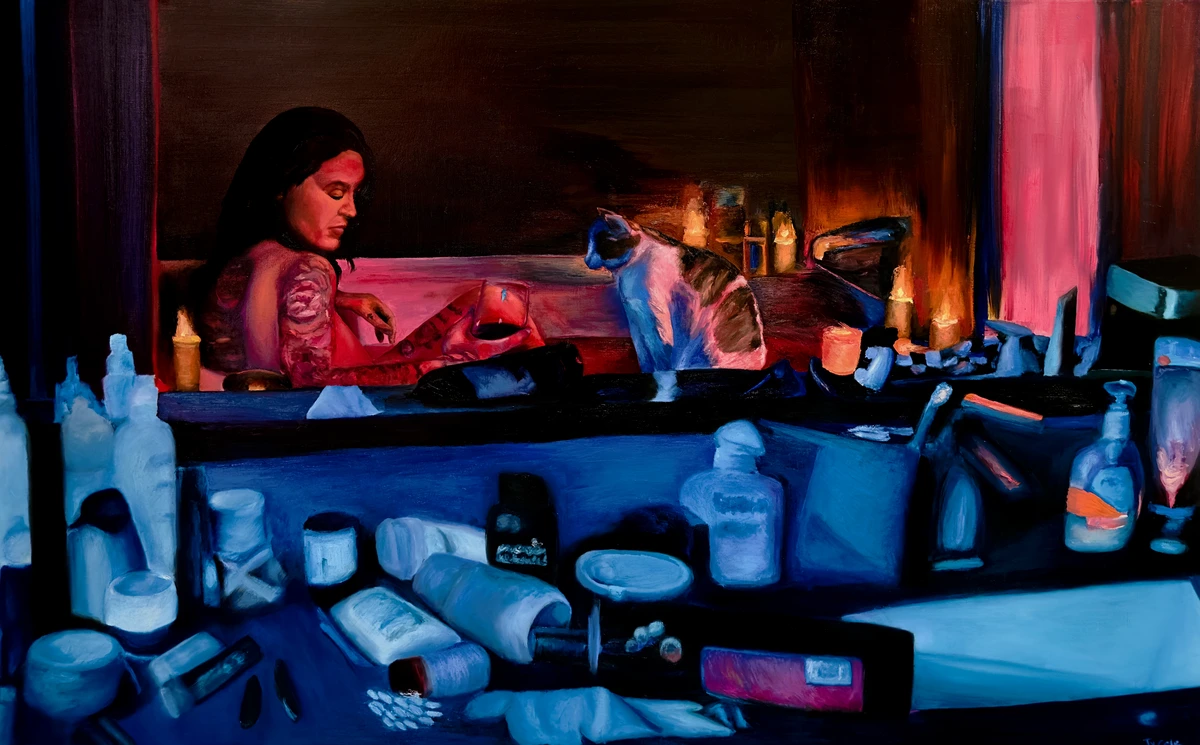 Stay Still, an oil painting by Ty Cole of a woman reflected in a mirror above a blue-lit bathroom counter.