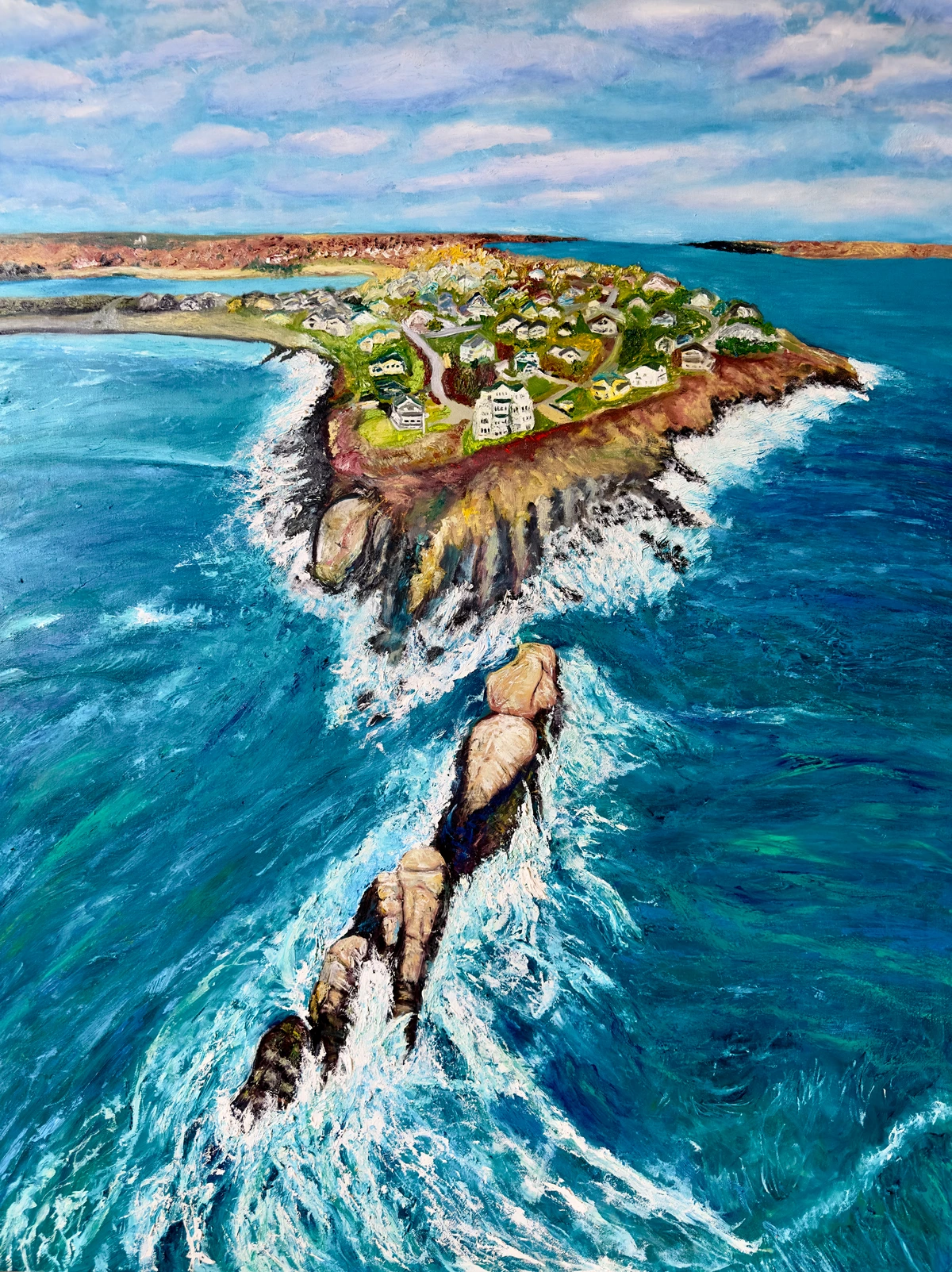 Summers I'll Never Forget, an oil painting by Ty Cole of an island house and rocky coastline surrounded by blue water.