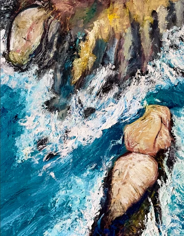 Detail of Summers I’ll Never Forget by Ty Cole, showing thick white and blue brushwork where water breaks against rocks.