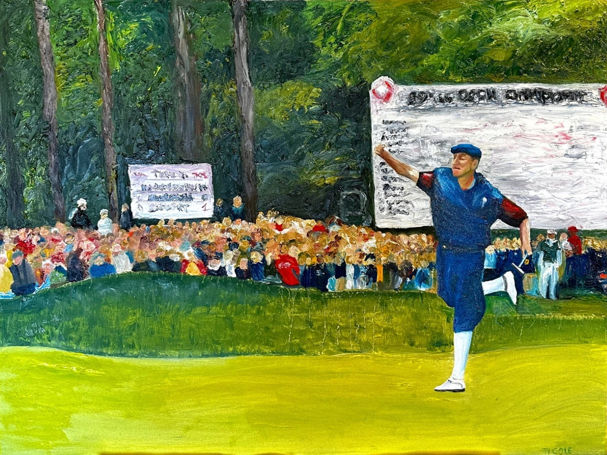 99th US Open Championship, an oil painting by Ty Cole showing Payne Stewart celebrating on a golf course.
