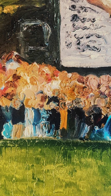 Detail of 99th US Open Championship by Ty Cole, showing textured crowd figures and green brushwork beside the golf green.